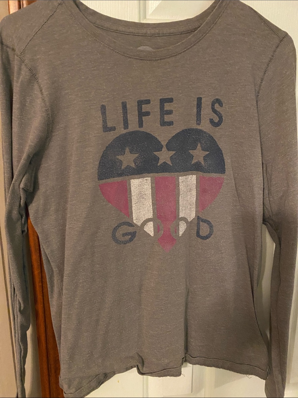 Life Is Good Gray Long Sleeve Tee with Patriotic Heart Graphic